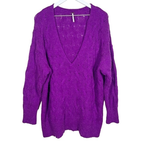 Free People Womens Purple Deep Vneck Wool Alpaca Cable Knit Sweater Long Sleeve - Picture 1 of 10